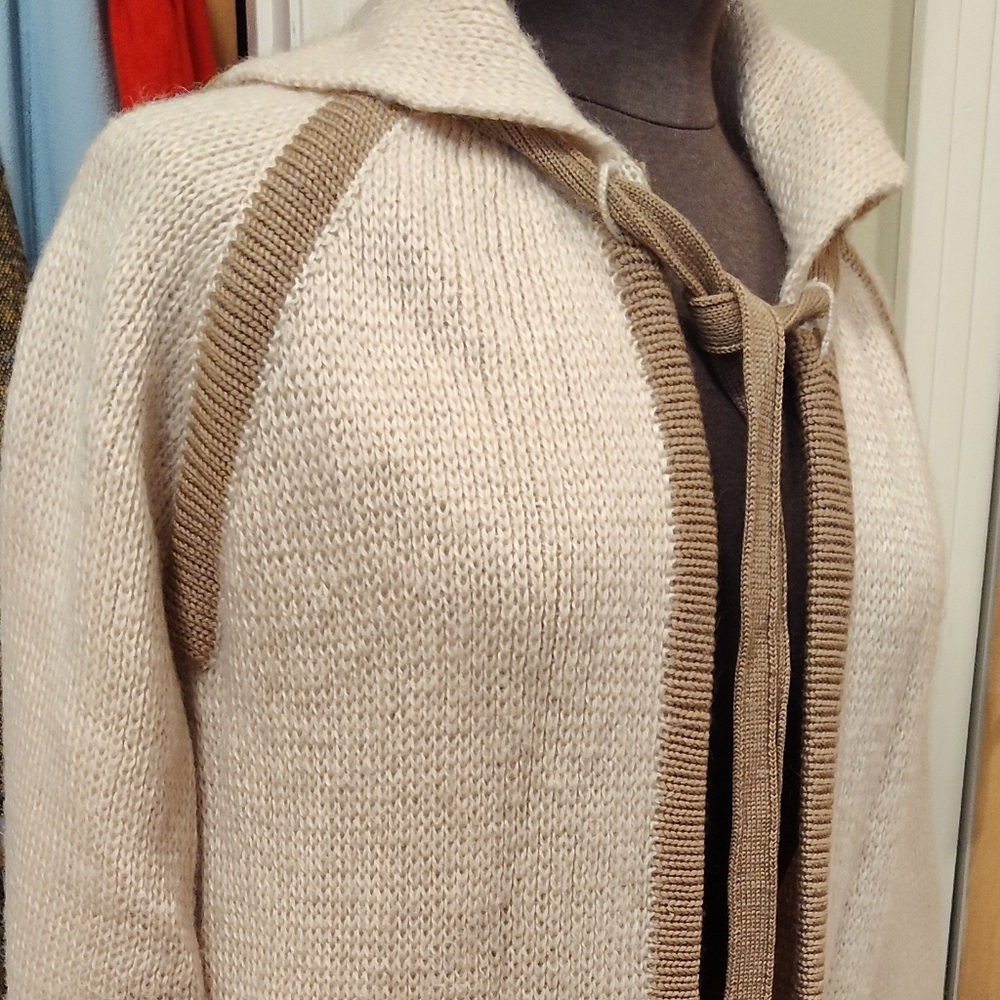 Vintage Biffin Italy Chic Cream and Tan Long Cardigan Sweater Wool & Mohair
